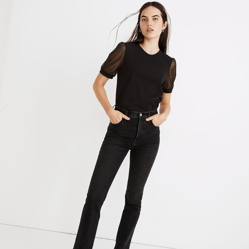 Madewell Sheer Short Sleeve Knit T Shirt in Black Size Medium - Picture 3 of 6